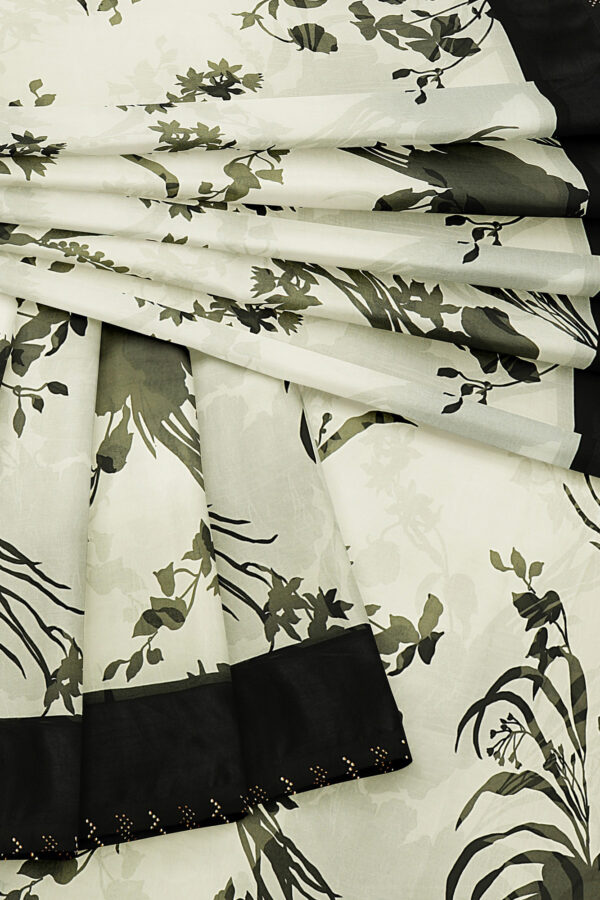 sri kumaran stores linen chiffon saree black and white saree with black border 4 5