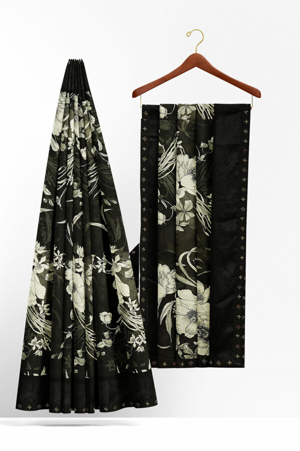 sri kumaran stores linen chiffon saree black and white saree with black border 7 2