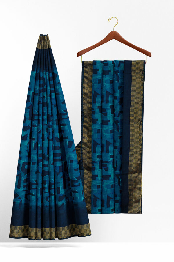 sri kumaran stores linen chiffon saree blue saree with golden dark blue border 2