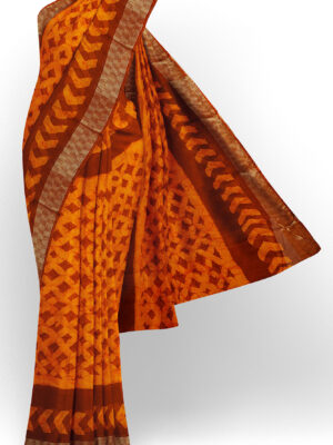 sri kumaran stores linen chiffon saree orange saree with golden brown border 1