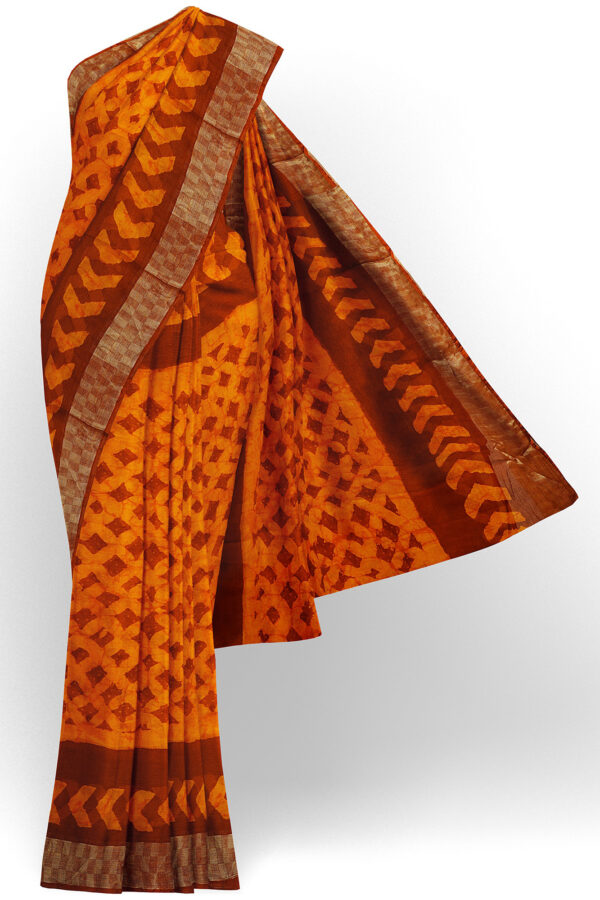 sri kumaran stores linen chiffon saree orange saree with golden brown border 1