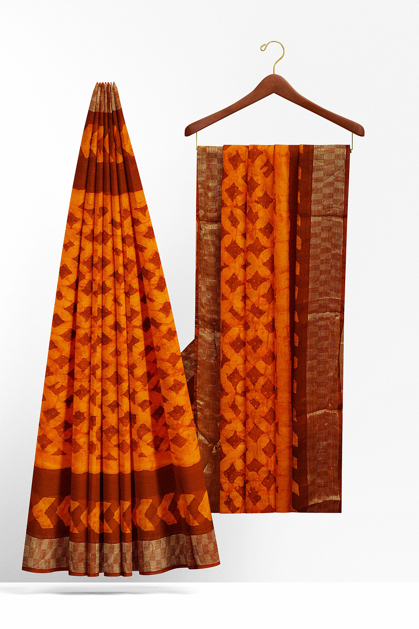 sri kumaran stores linen chiffon saree orange saree with golden brown border 2