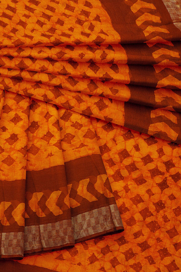 sri kumaran stores linen chiffon saree orange saree with golden brown border 5