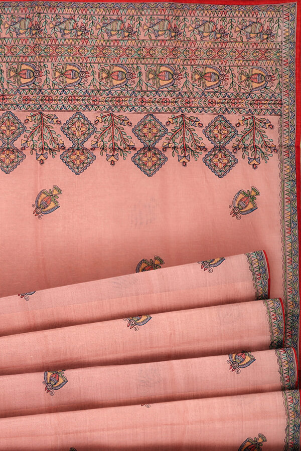 sri kumaran stores linen cotton baby pink saree with floral design border 4