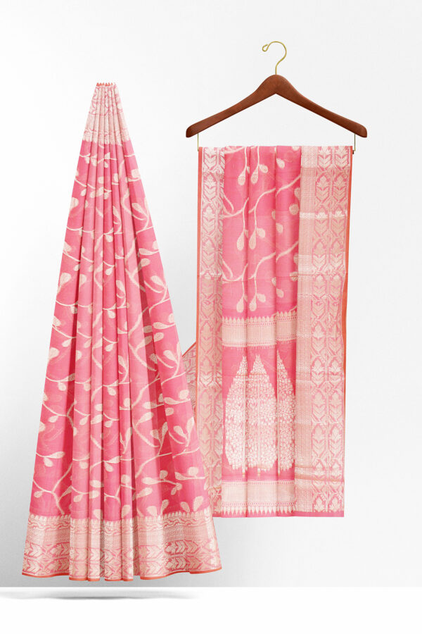sri kumaran stores linen cotton baby pink saree with golden border 2