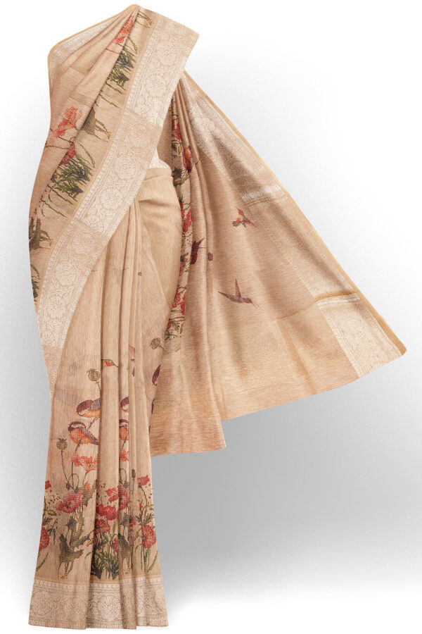sri kumaran stores linen cotton biscuit brown saree with golden silver border 1