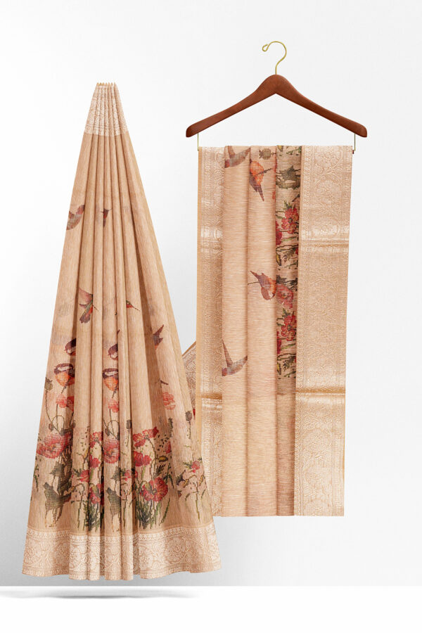 sri kumaran stores linen cotton biscuit brown saree with golden silver border 2