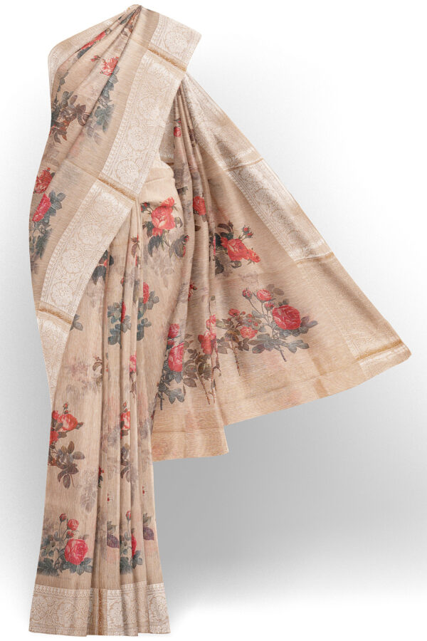 sri kumaran stores linen cotton biscuit brown saree with silver border 1