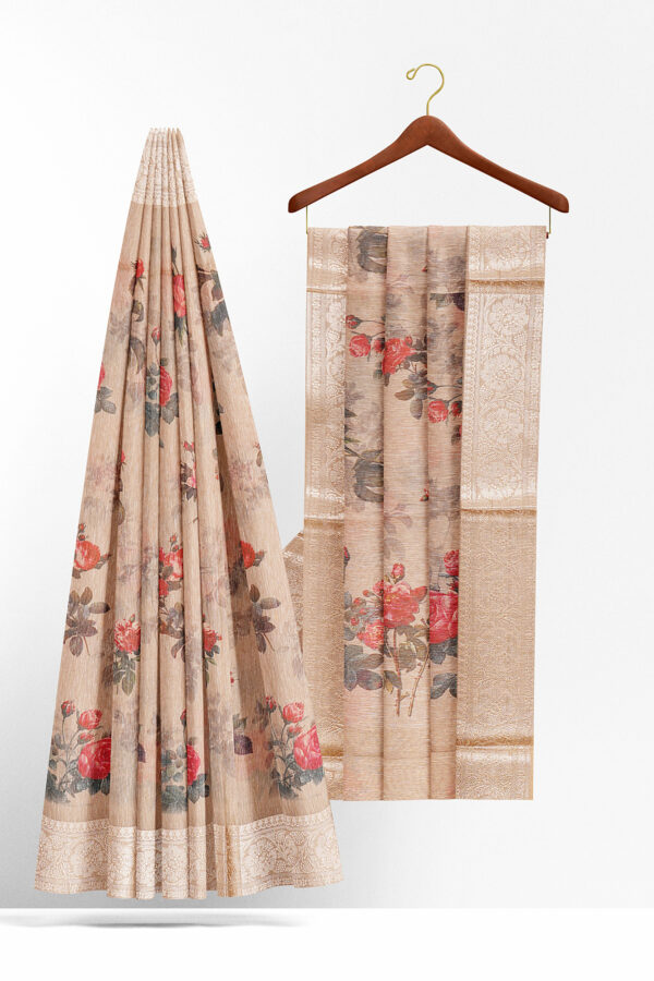 sri kumaran stores linen cotton biscuit brown saree with silver border 2