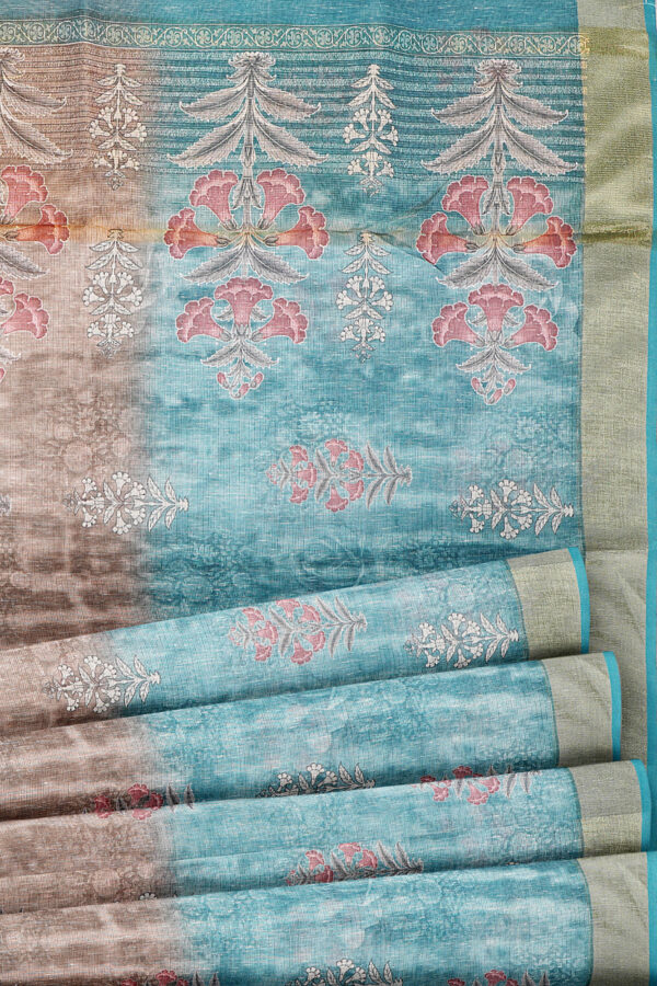 sri kumaran stores linen cotton blue and brown saree with golden border 4