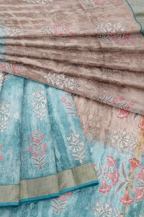 sri kumaran stores linen cotton blue and brown saree with golden border 5