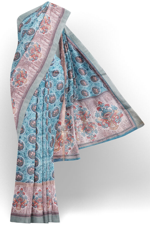 sri kumaran stores linen cotton blue saree with green border 1