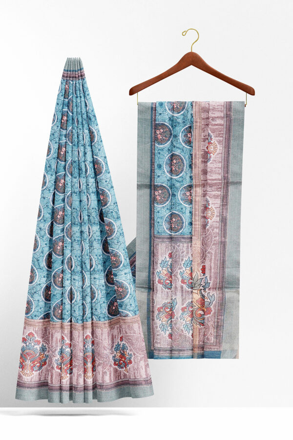 sri kumaran stores linen cotton blue saree with green border 2