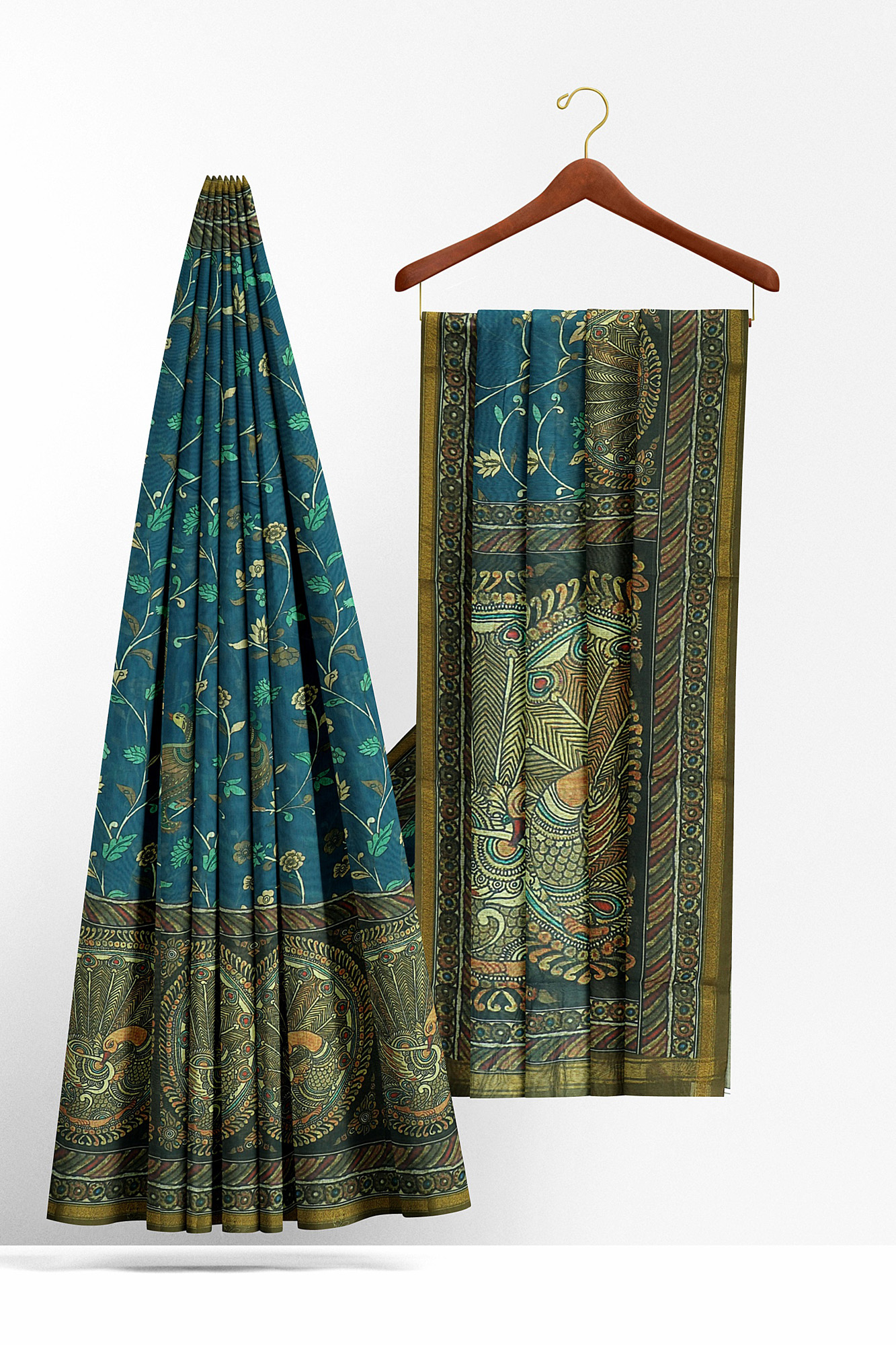 sri kumaran stores linen cotton blue saree with green floral border 2