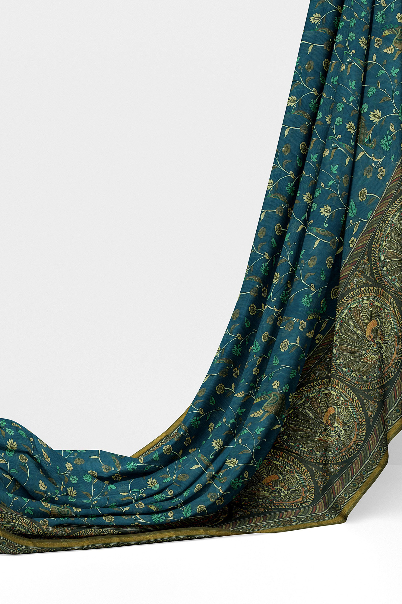 sri kumaran stores linen cotton blue saree with green floral border 3