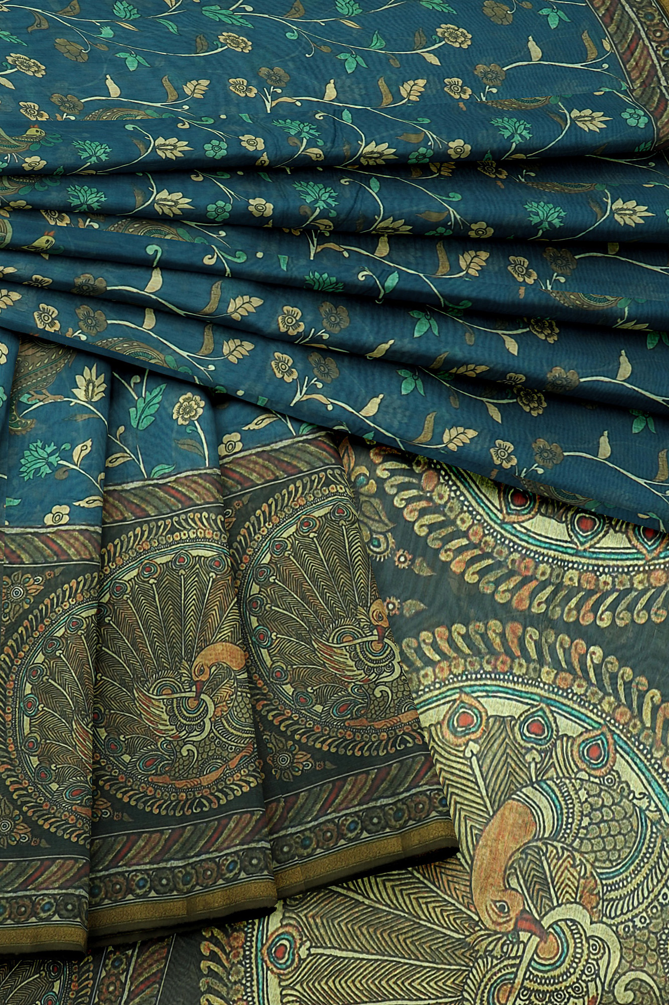 sri kumaran stores linen cotton blue saree with green floral border 5
