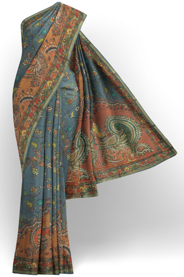 sri kumaran stores linen cotton blue saree with orange floral border 1