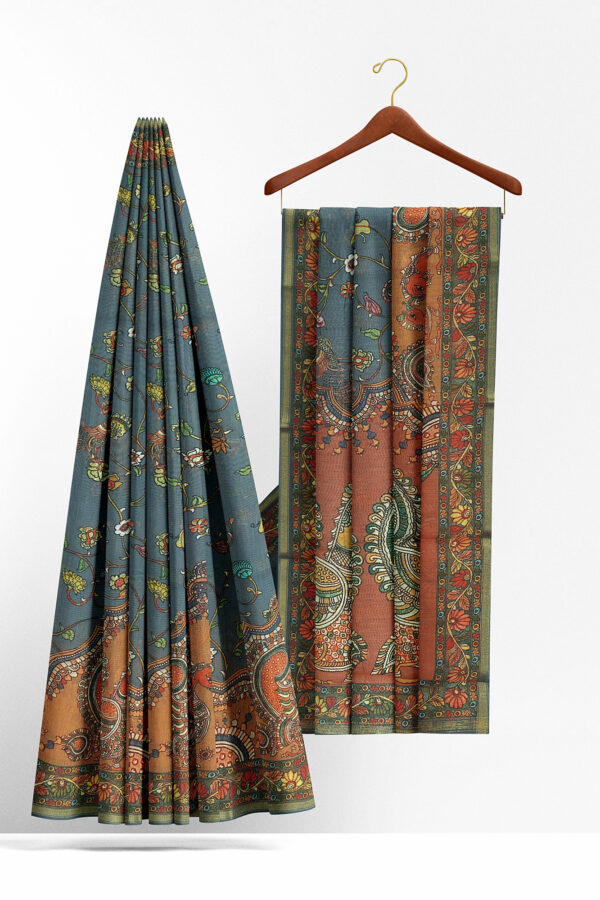 sri kumaran stores linen cotton blue saree with orange floral border 2