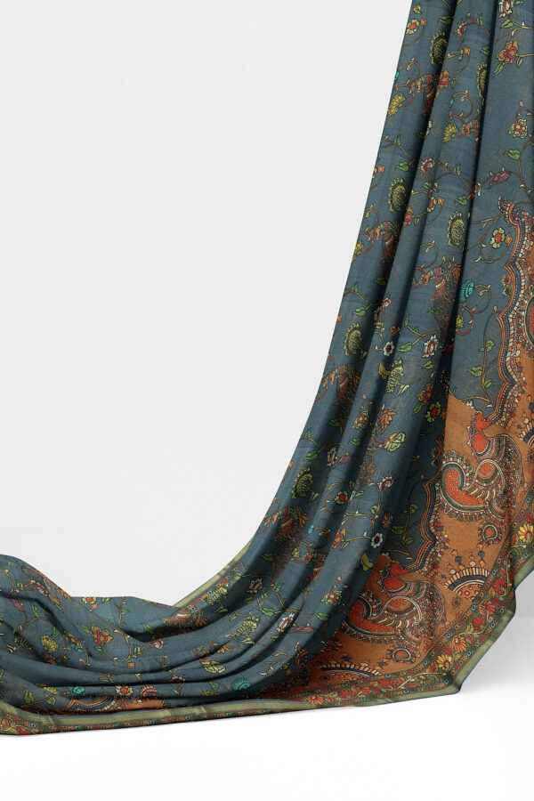 sri kumaran stores linen cotton blue saree with orange floral border 3
