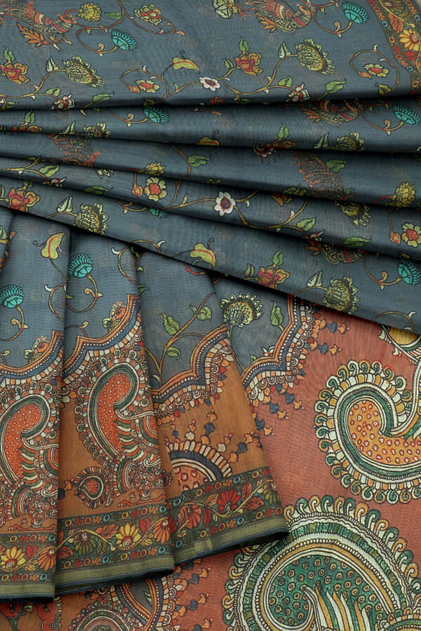 sri kumaran stores linen cotton blue saree with orange floral border 5