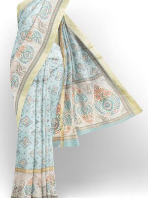 sri kumaran stores linen cotton bluish white saree with golden border 1