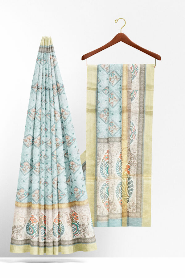sri kumaran stores linen cotton bluish white saree with golden border 2