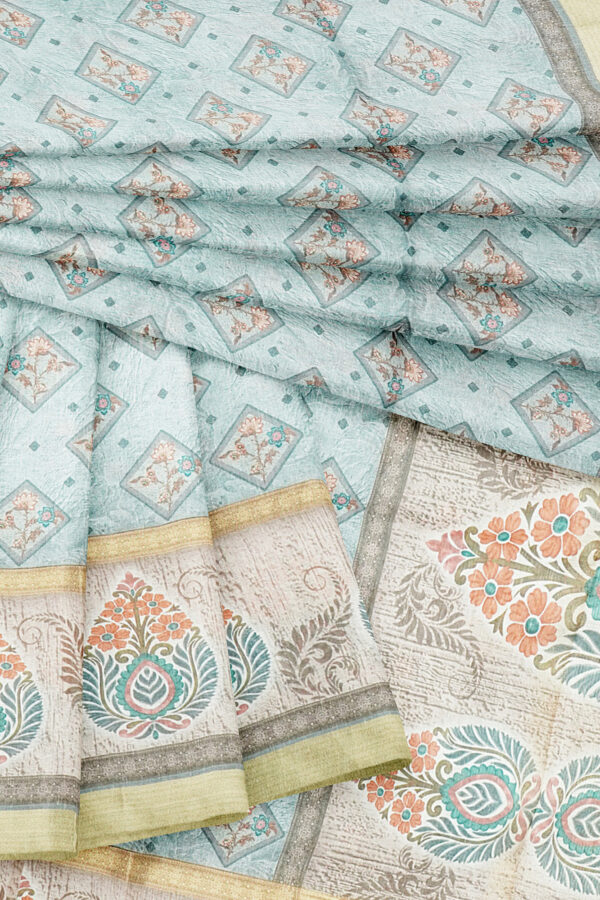 sri kumaran stores linen cotton bluish white saree with golden border 5