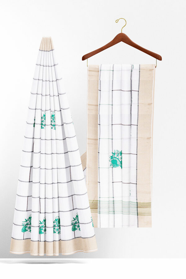 sri kumaran stores linen cotton bright white saree with golden border 2