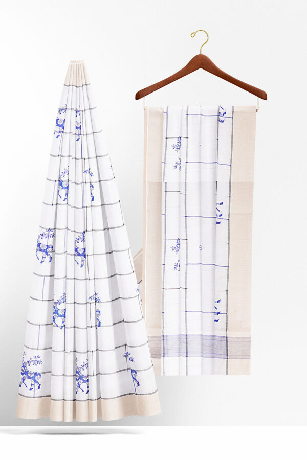 sri kumaran stores linen cotton bright white saree with golden border 1 2