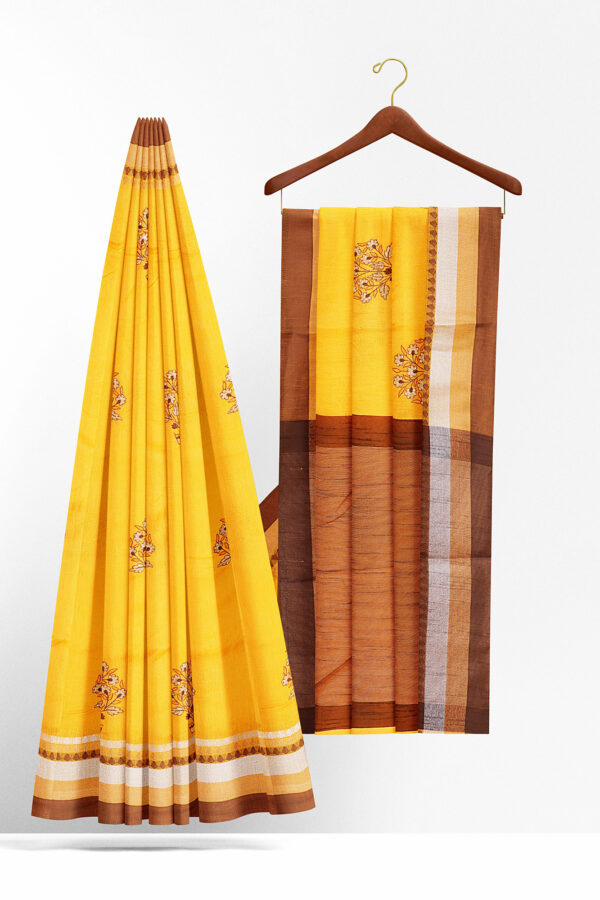 sri kumaran stores linen cotton bright yellow saree with brown border 2