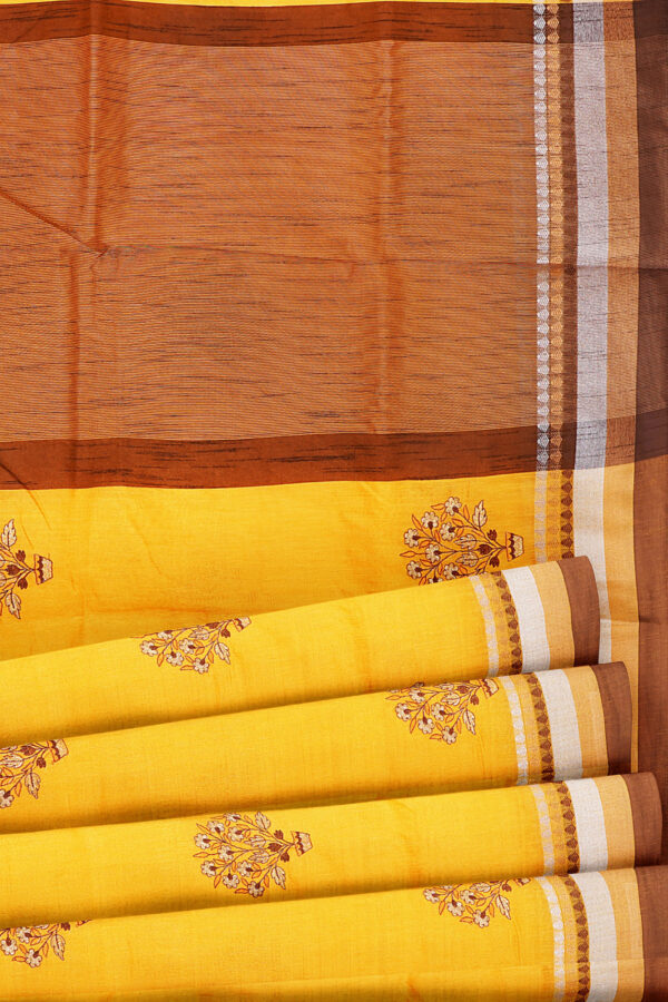 sri kumaran stores linen cotton bright yellow saree with brown border 4