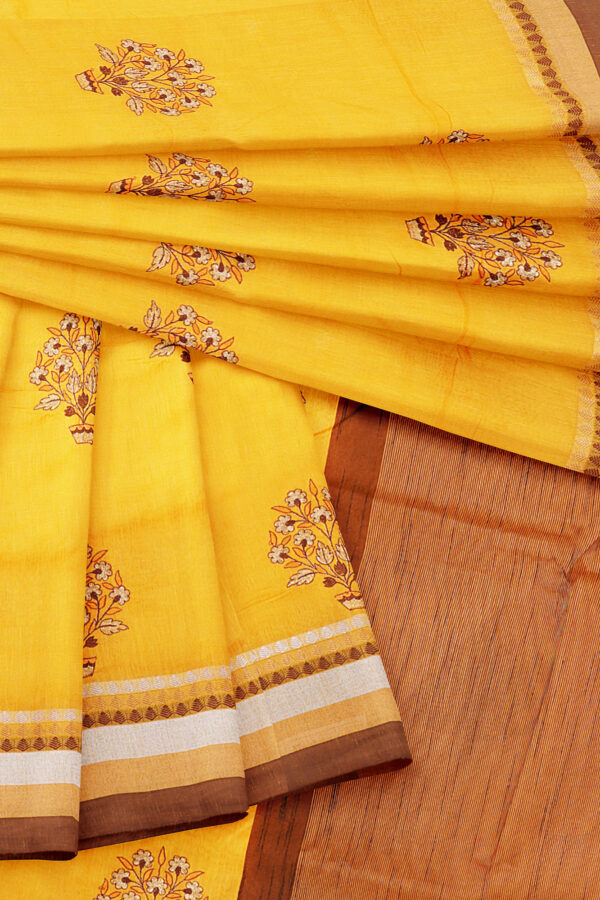 sri kumaran stores linen cotton bright yellow saree with brown border 5