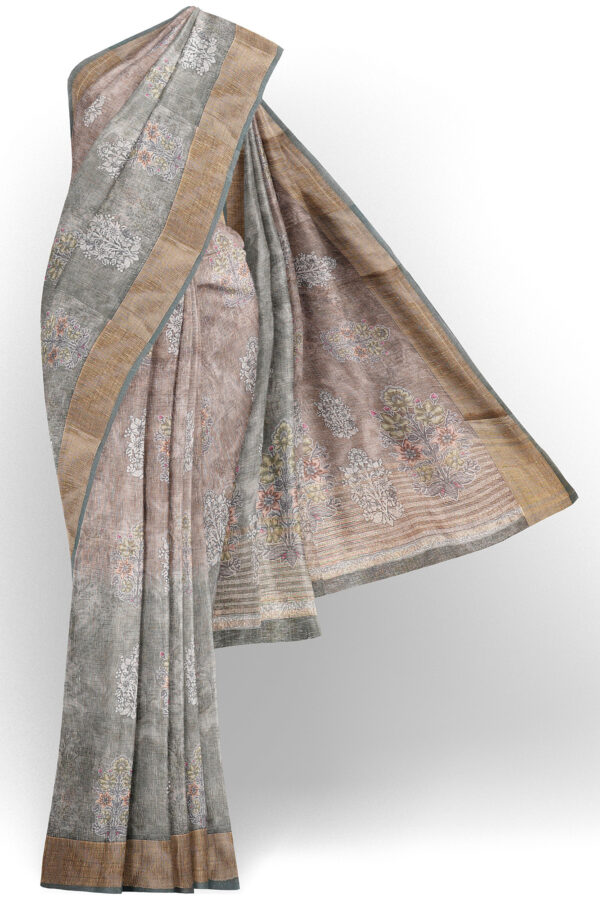 sri kumaran stores linen cotton brown and green saree with golden border 1