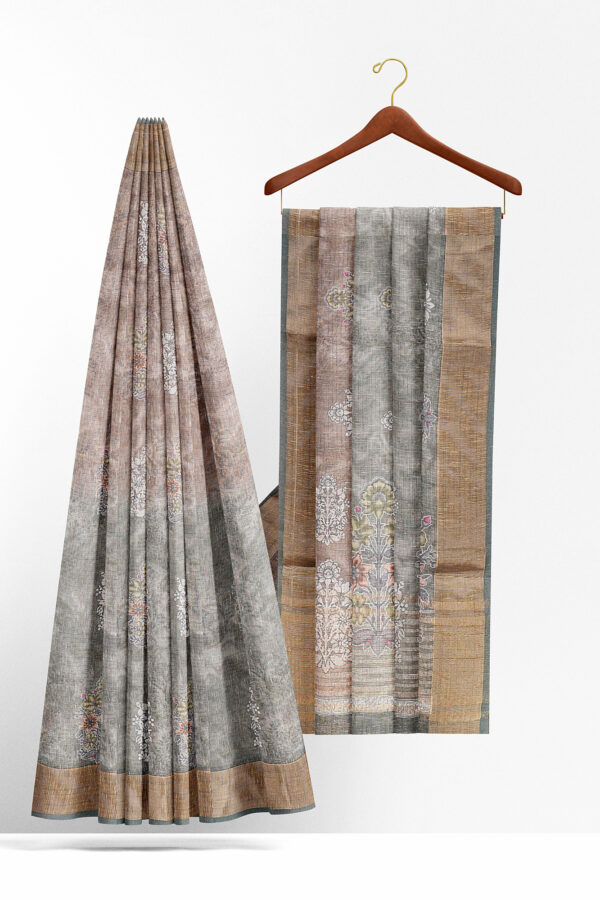 sri kumaran stores linen cotton brown and green saree with golden border 2