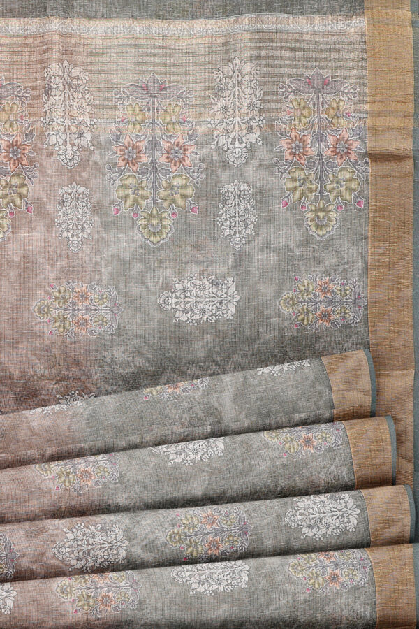 sri kumaran stores linen cotton brown and green saree with golden border 4