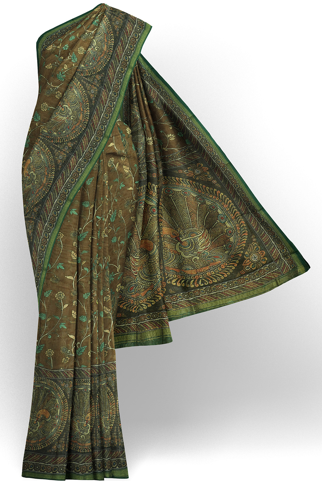 sri kumaran stores linen cotton brown saree with green floral border 1