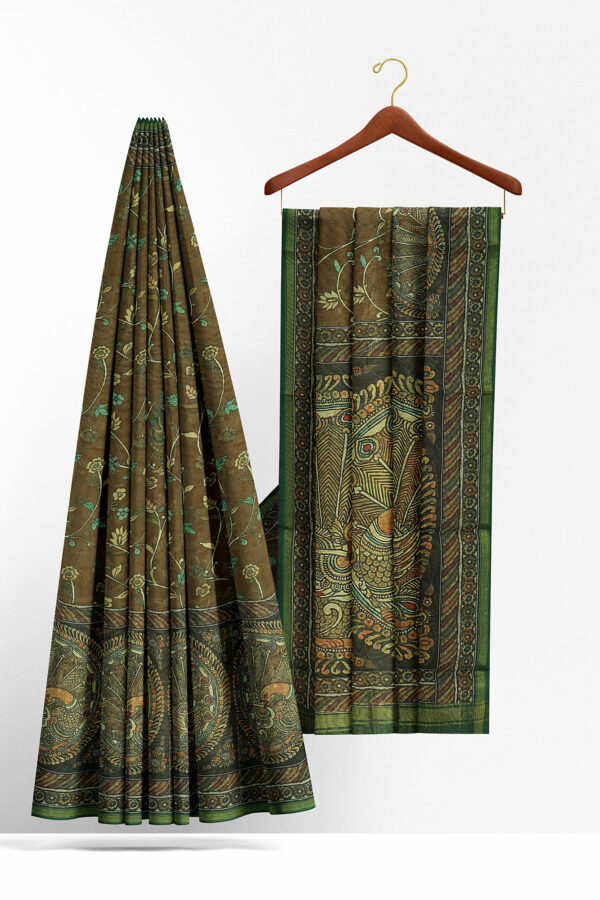 sri kumaran stores linen cotton brown saree with green floral border 2