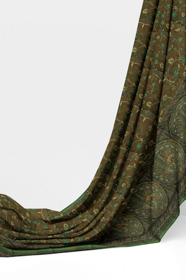sri kumaran stores linen cotton brown saree with green floral border 3