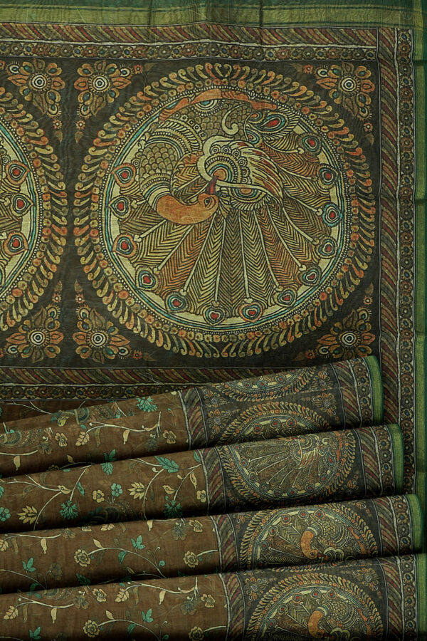 sri kumaran stores linen cotton brown saree with green floral border 4