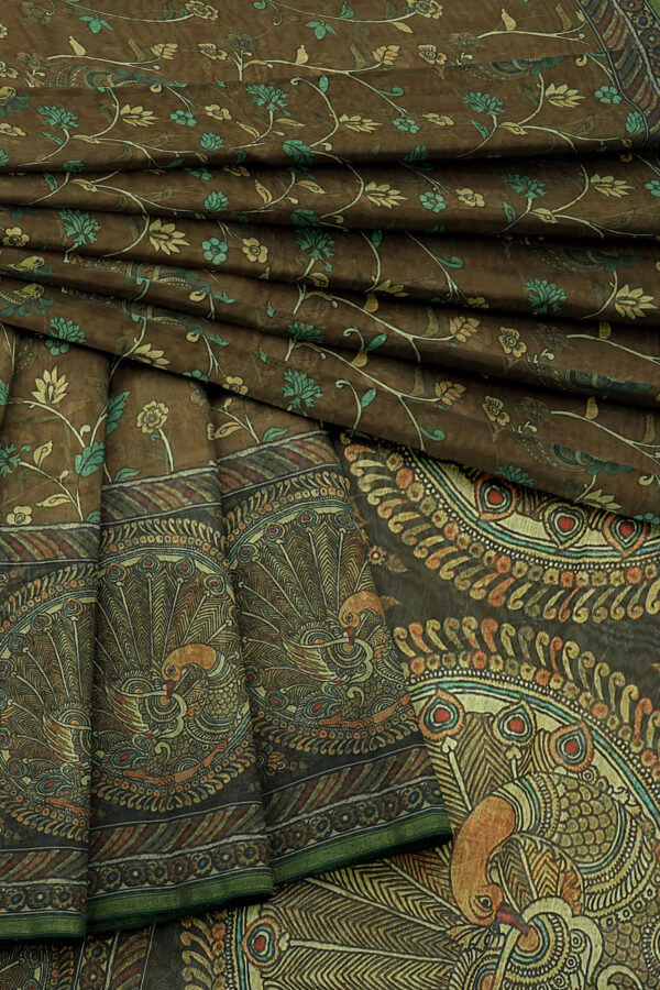 sri kumaran stores linen cotton brown saree with green floral border 5