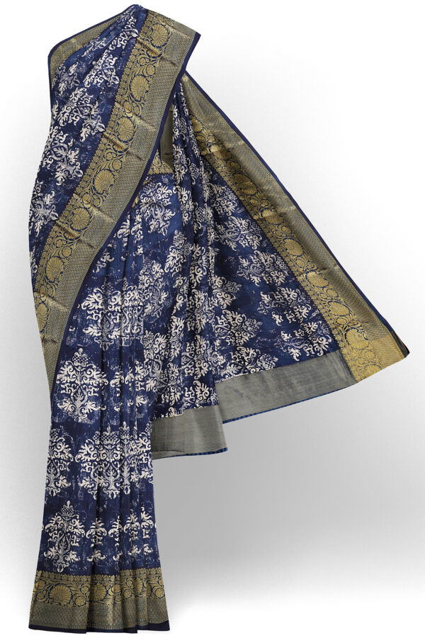 sri kumaran stores linen cotton dark blue saree with golden colour border 1
