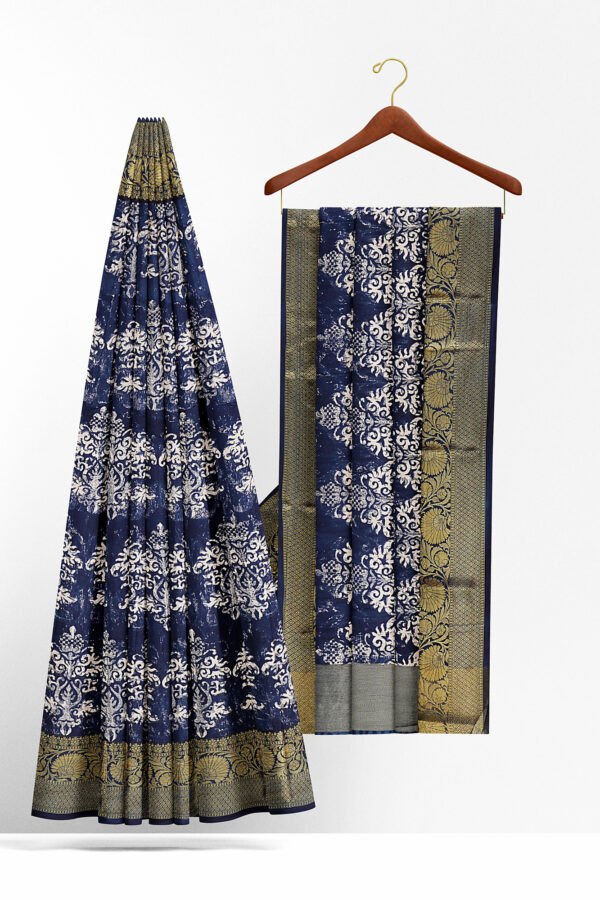 sri kumaran stores linen cotton dark blue saree with golden colour border 2