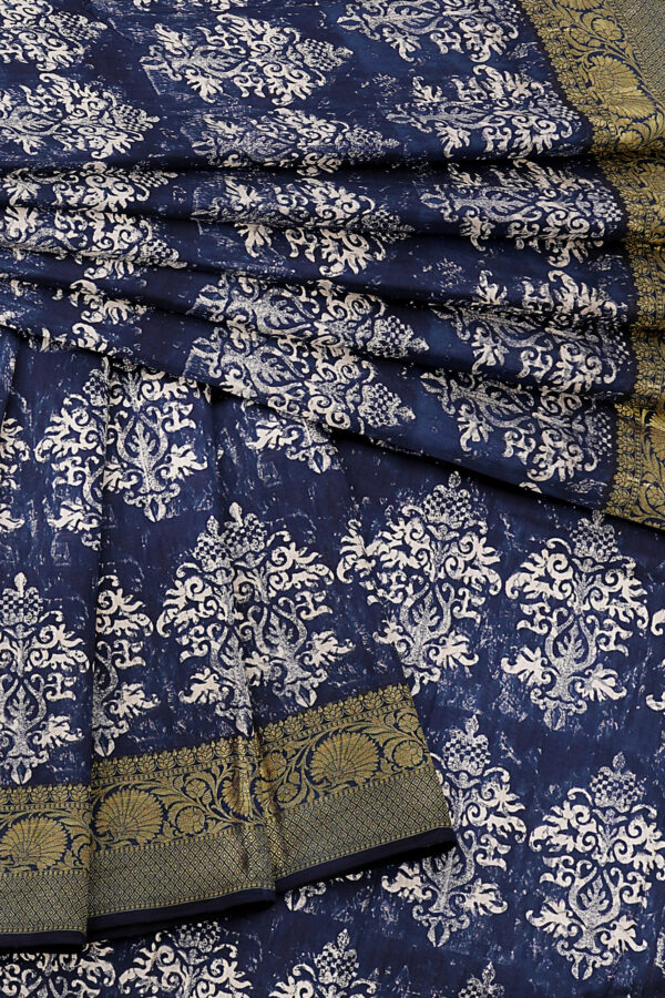 sri kumaran stores linen cotton dark blue saree with golden colour border 5