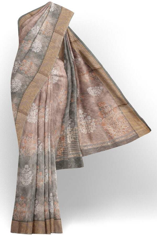 sri kumaran stores linen cotton dark green and brown saree with golden border 1