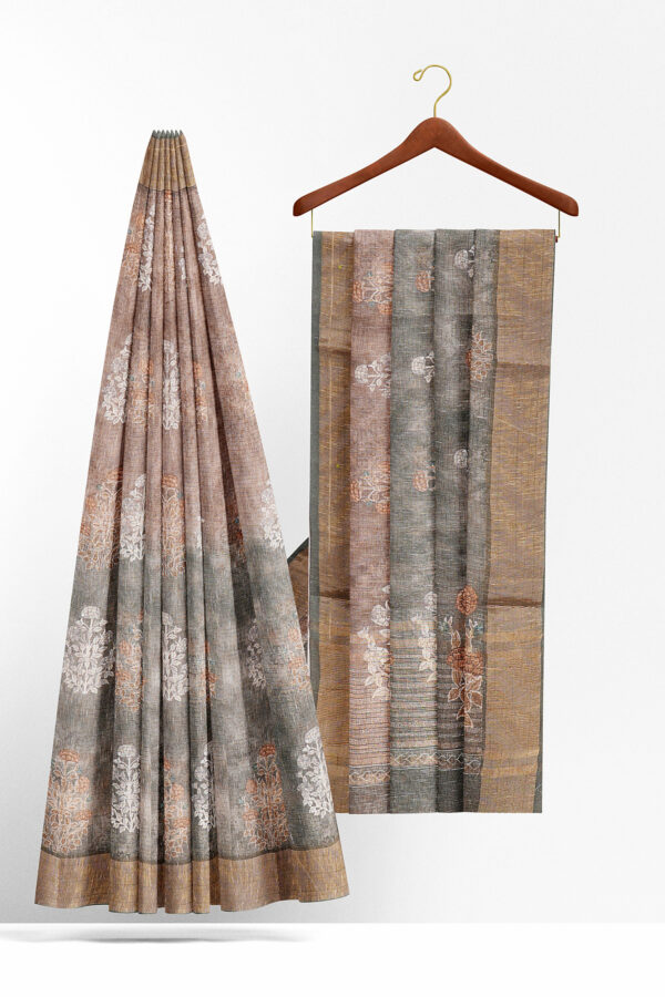sri kumaran stores linen cotton dark green and brown saree with golden border 2