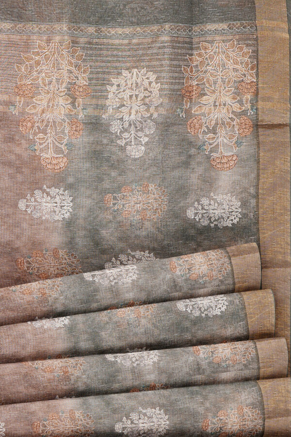 sri kumaran stores linen cotton dark green and brown saree with golden border 4