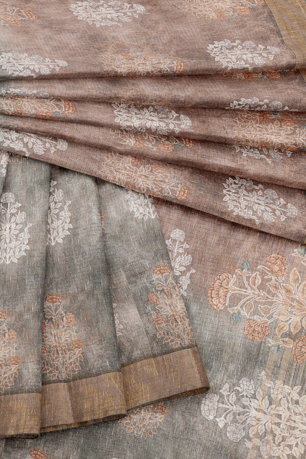 sri kumaran stores linen cotton dark green and brown saree with golden border 5