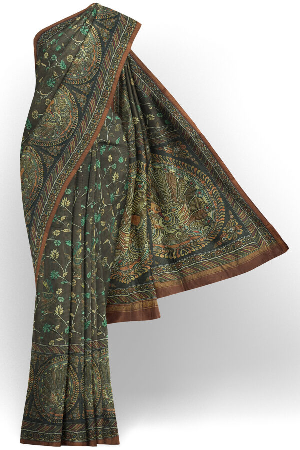 sri kumaran stores linen cotton dark green saree with brown border 1