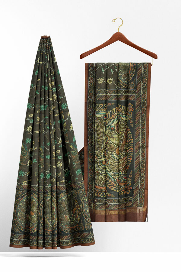 sri kumaran stores linen cotton dark green saree with brown border 2
