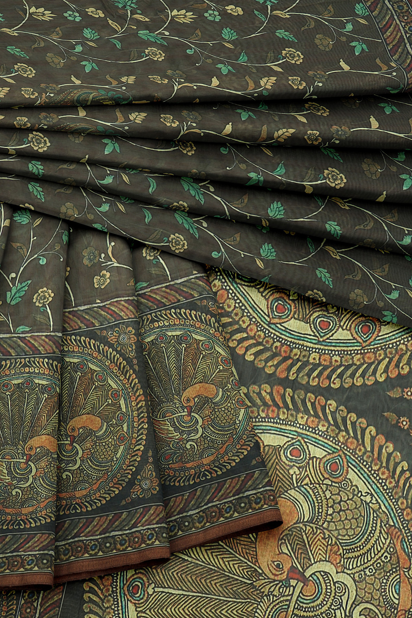 sri kumaran stores linen cotton dark green saree with brown border 5